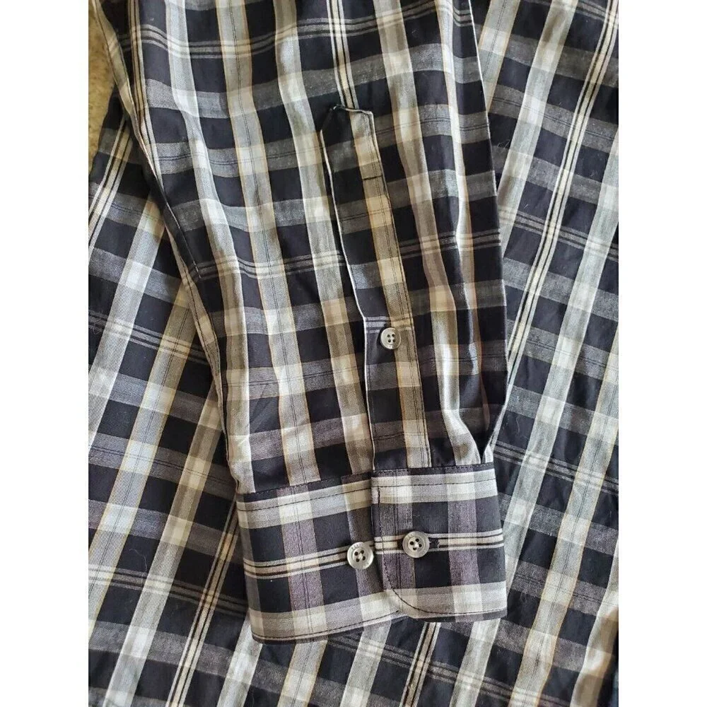Perry Ellis Top Mens XXL Long Sleeve Button‎ Up Black Beige Plaid Cotton *READ*